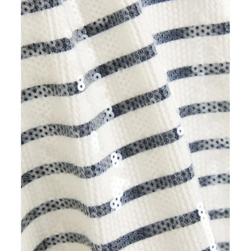 FRAME $398 Sequin Crewneck Sweater - White & Navy - Picture 5 of 6
